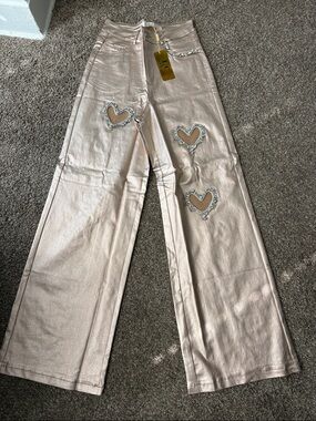 LC Metallic Pink Wide Leg Jeans with Heart Cutouts